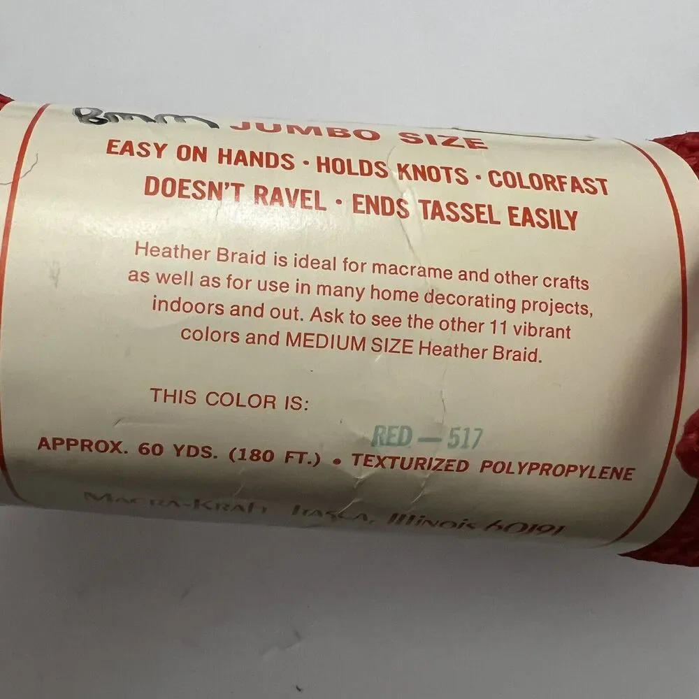 Vintage Heather Braid Macrame Cord 8mm 60 Yds Knotting Weaving Craft Knit Red